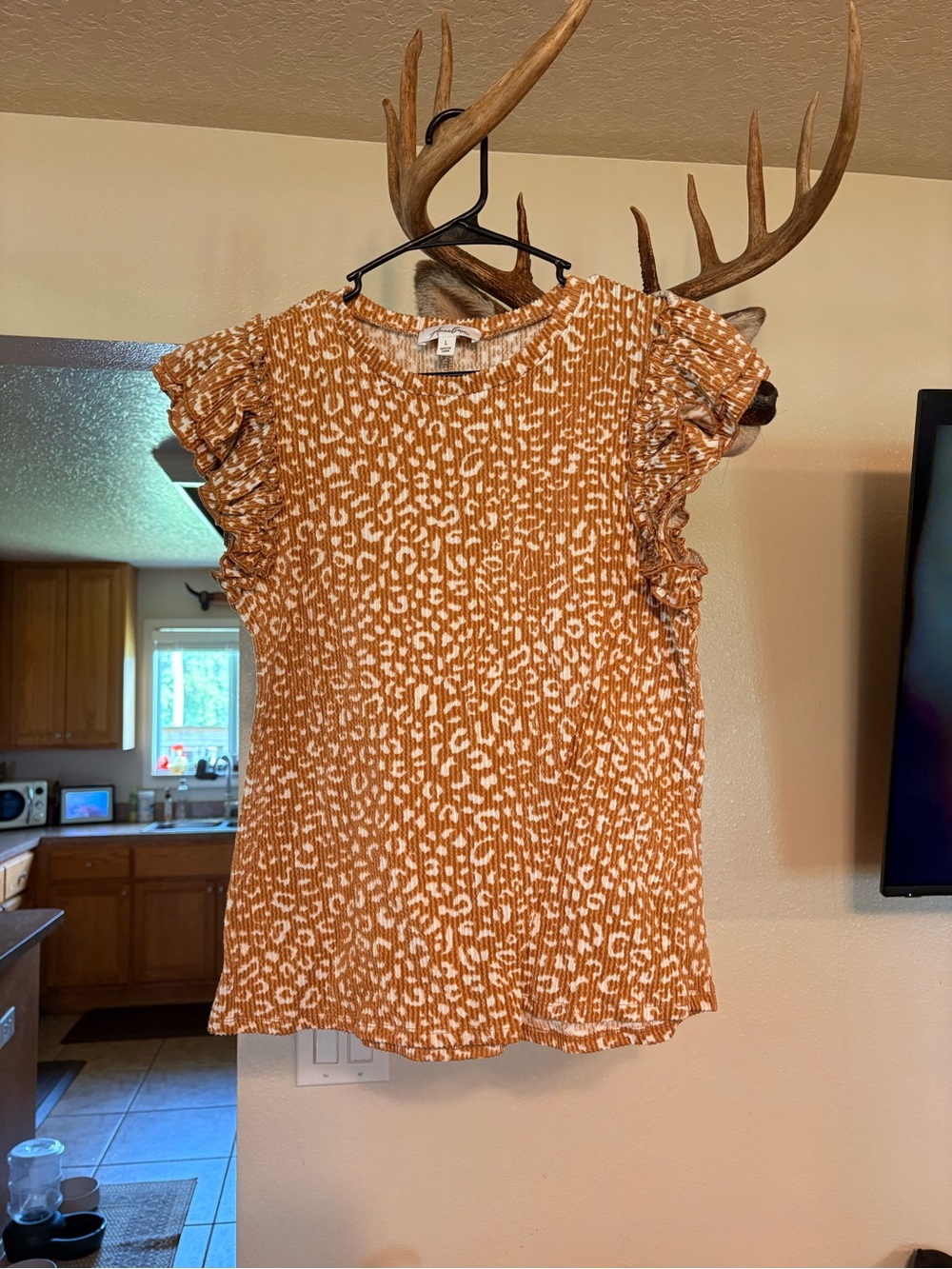 Rust Animal Print Ruffle Sleeve Top